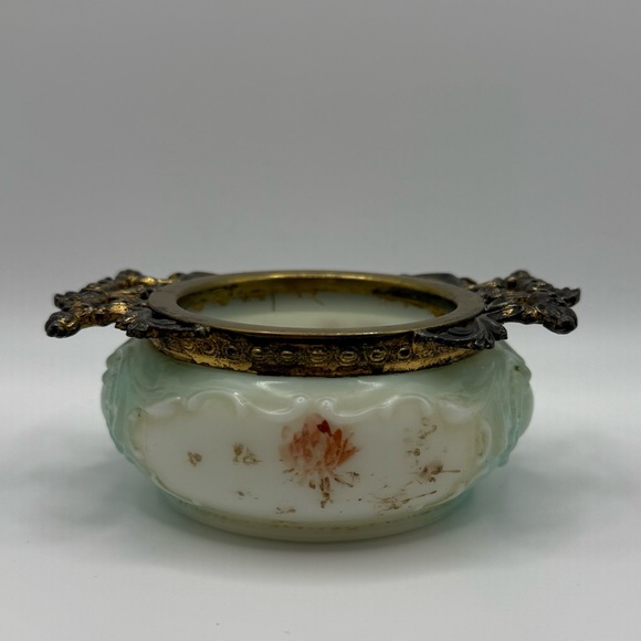 Milk Glass Antique Wavecrest Signed Handpainted Trinket Dish Pin Holder